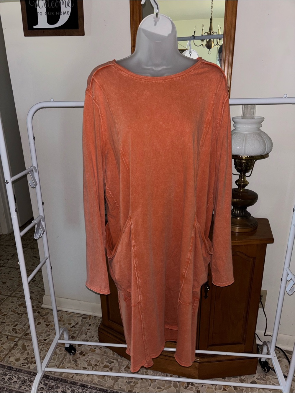 easel Washed Coral-Orange Long Sleeve Pocket Dress